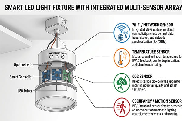 A diagram showing a light fixture with icons for sensors like Wi-Fi, temperature, CO2, and occupancy.